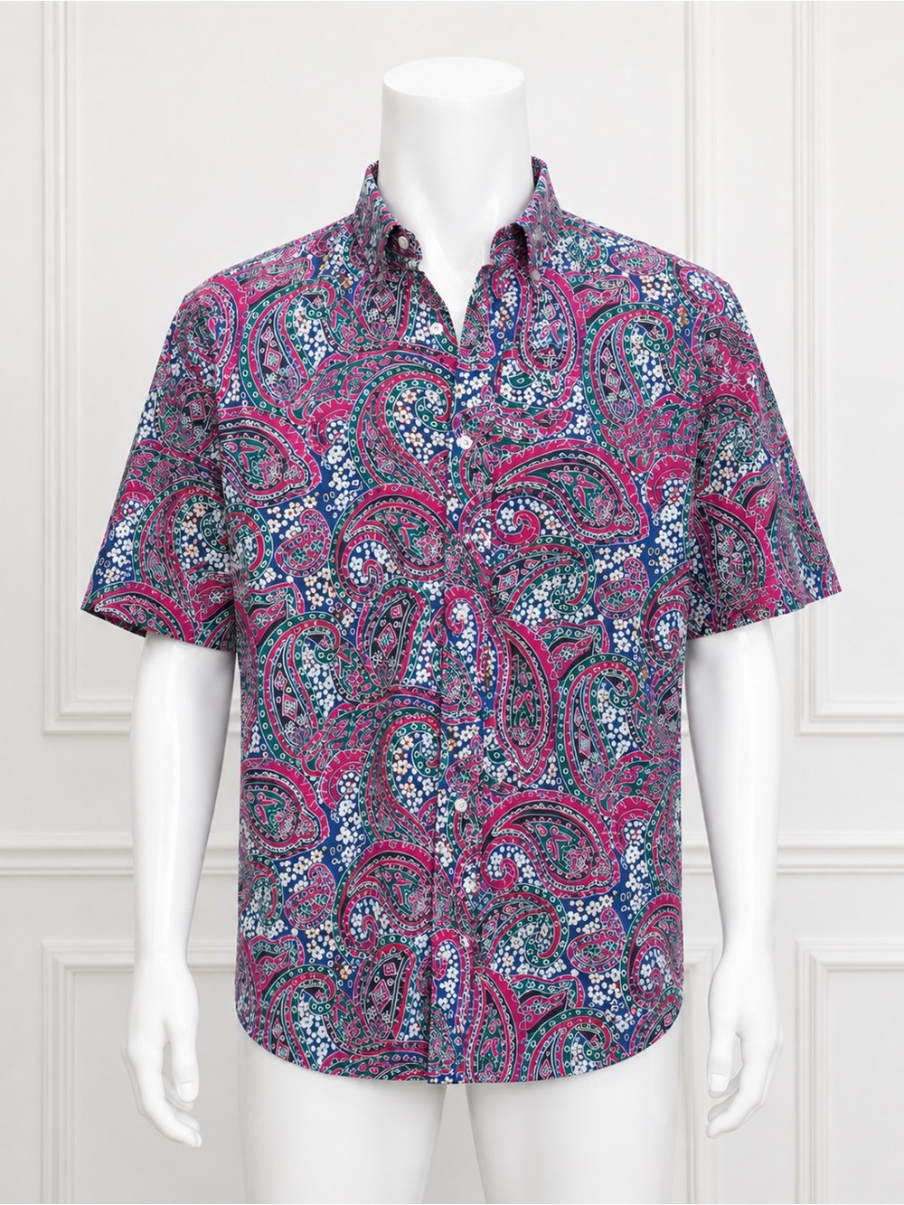 At Ease Men’s Paisley ButtonUp Shirt Size M Pink/Blue/Green Vintage Style Cotton